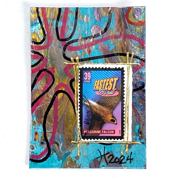 ACEO Original Mixed Media Art Vtg 1991 US Postage Stamp Tristina Dietz Elmes ATC - Picture 1 of 3